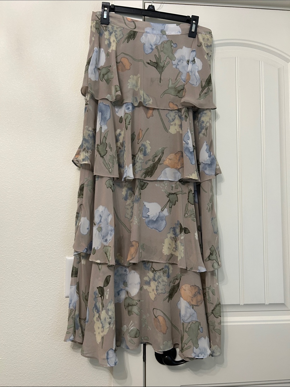 Anthropologie Lost Wonder Taupe Tiered Maxi Skirt with Blue & Green Floral Print